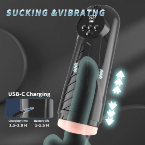 Electric Masturbator 9 Vibration Modes, 9 Suction Modes, USB, TPE Realistic, Black, 27.1 cm